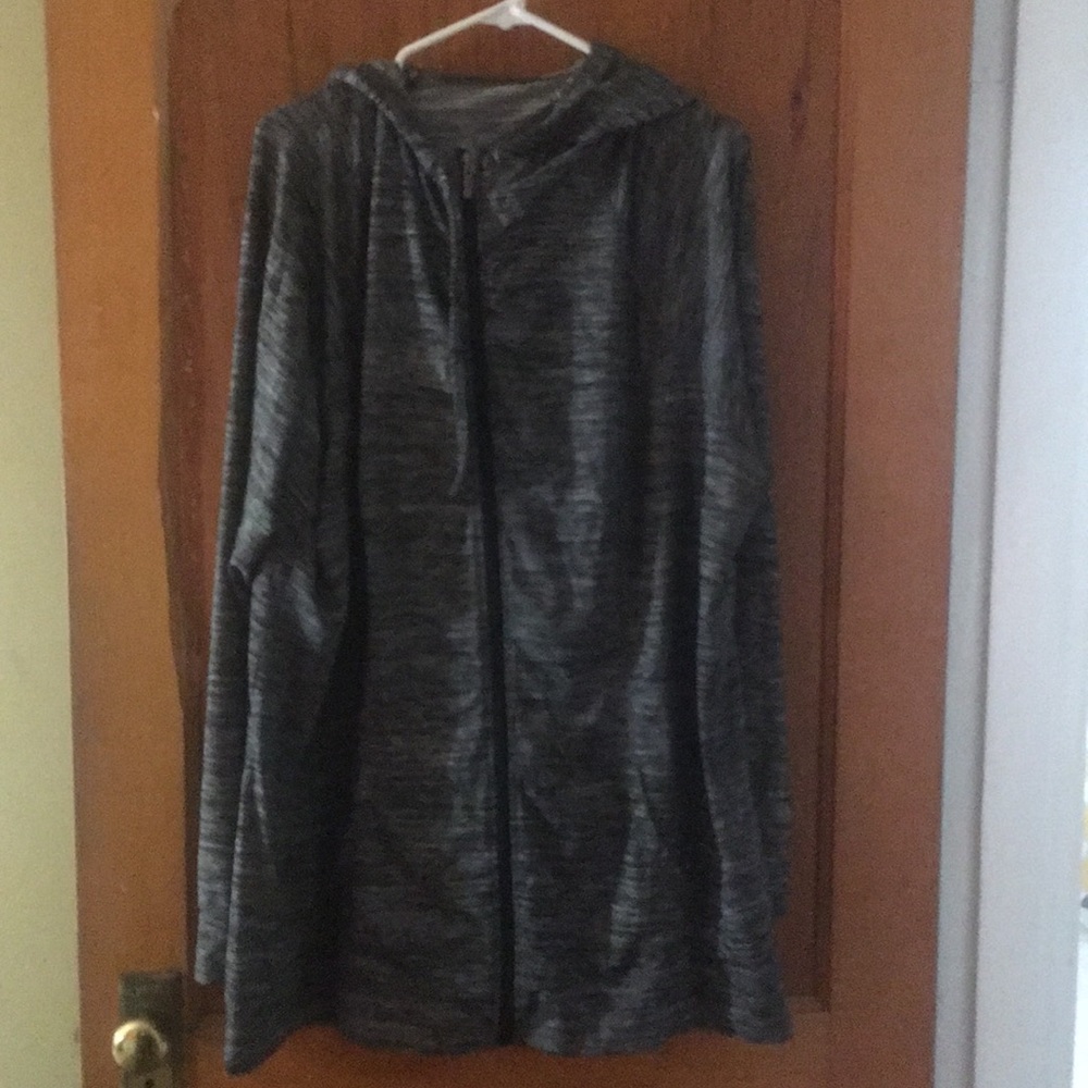 Black hooded workout jacket.